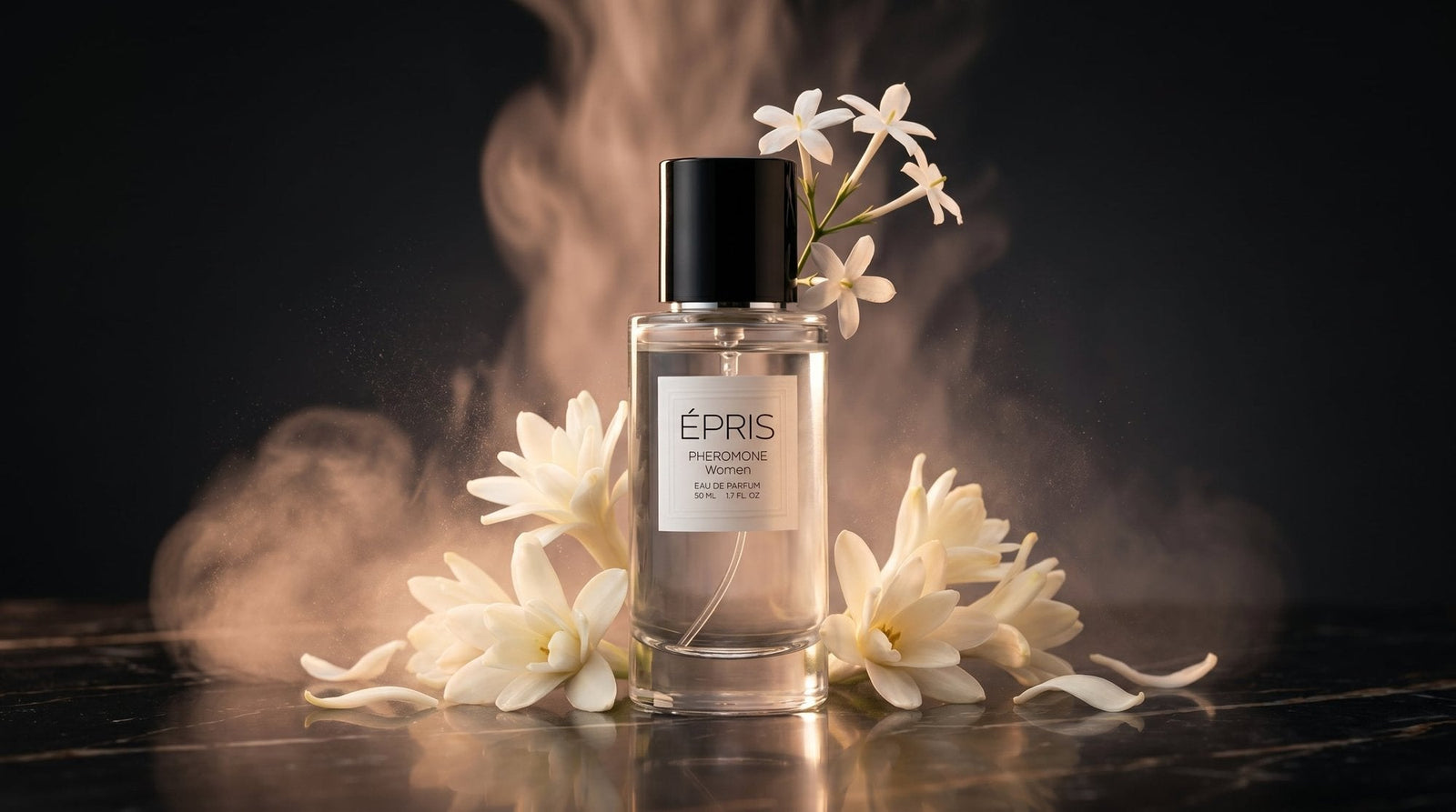 ÉPRIS PHEROMONE Women Flacon im editorialen Setting mit warmem Goldlicht und dunklem Hintergrund