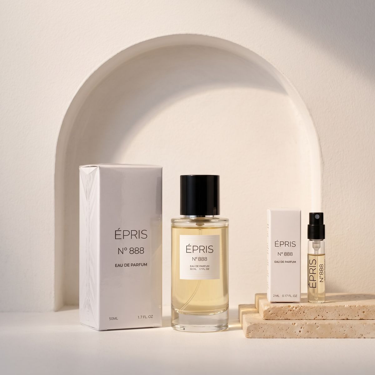 ÉPRIS N°888: versiegelter 50-ml-Karton, Flakon, Proben-Schachtel und 2-ml-Probe