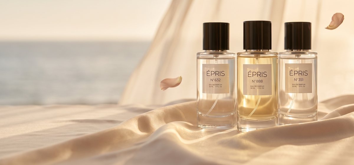 Drei ÉPRIS Flakons N°632, N°888 und N°351 auf Seide im Abendlicht